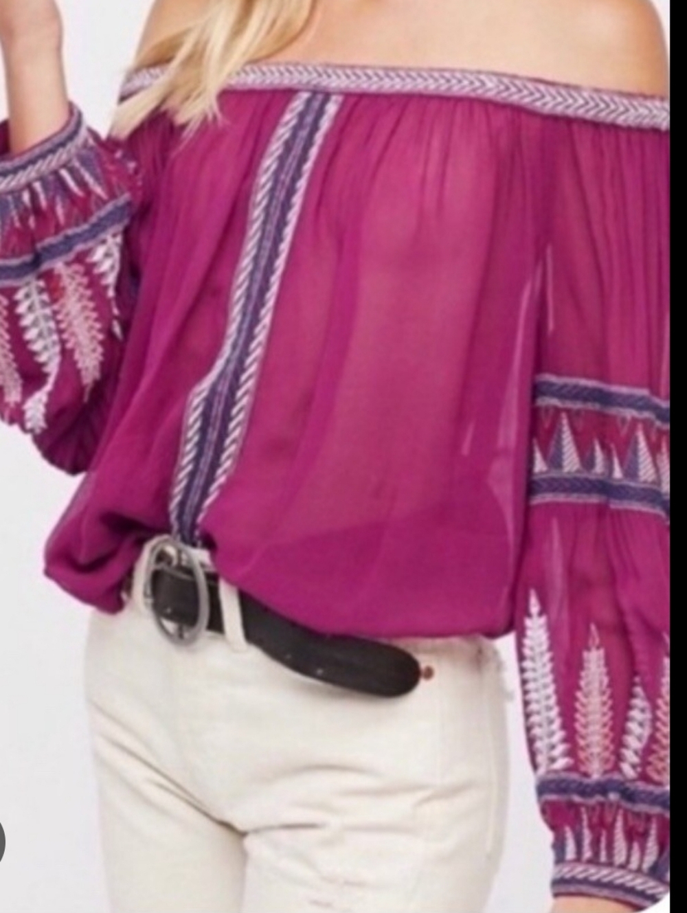 Free People Dream On Off-Shoulder Embroidered Peasant Top - Magenta Xs
